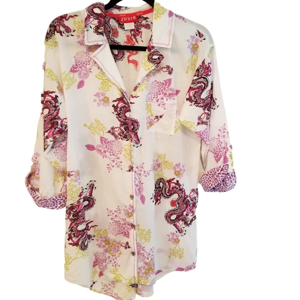 Josie Natori Women's Button Down Asian Floral Dragon Long Artsy Blouse, Sz M,